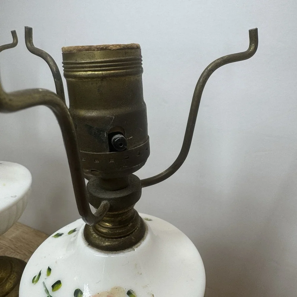 Vintage Pair Porcelain Floral Brass Table Lamps Boudoir Vanity Parts Repair